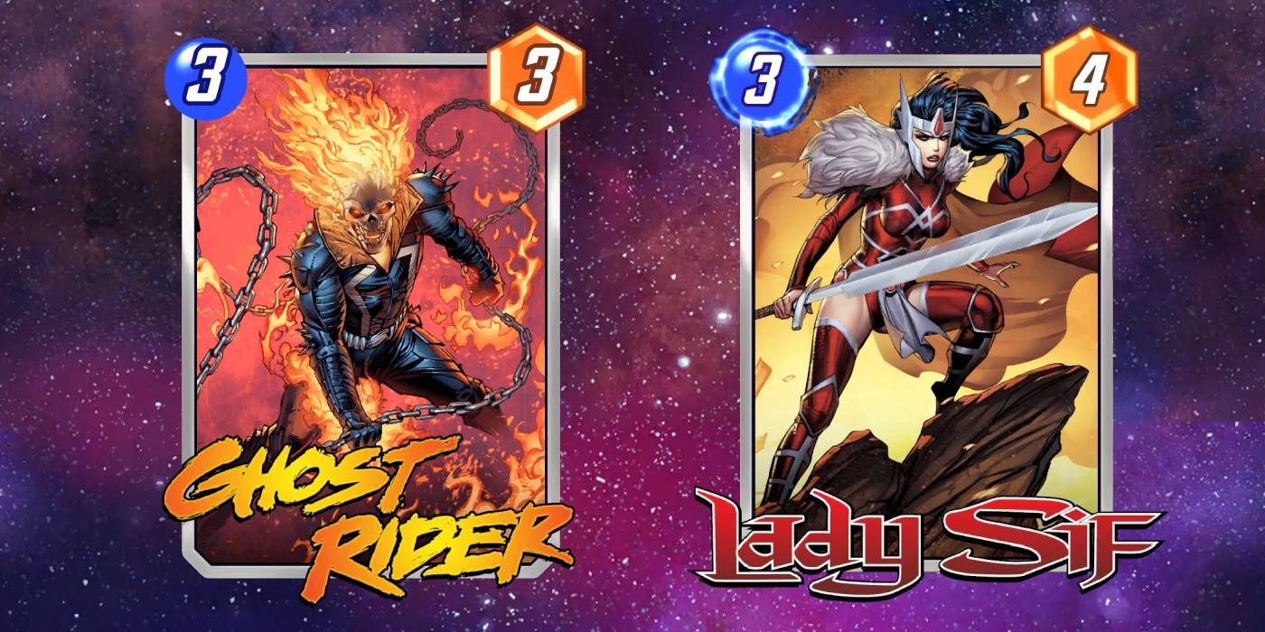 Cartões Marvel Snap Ghost Rider e Lady Sif com poder e energia exibidos no fundo do espaço