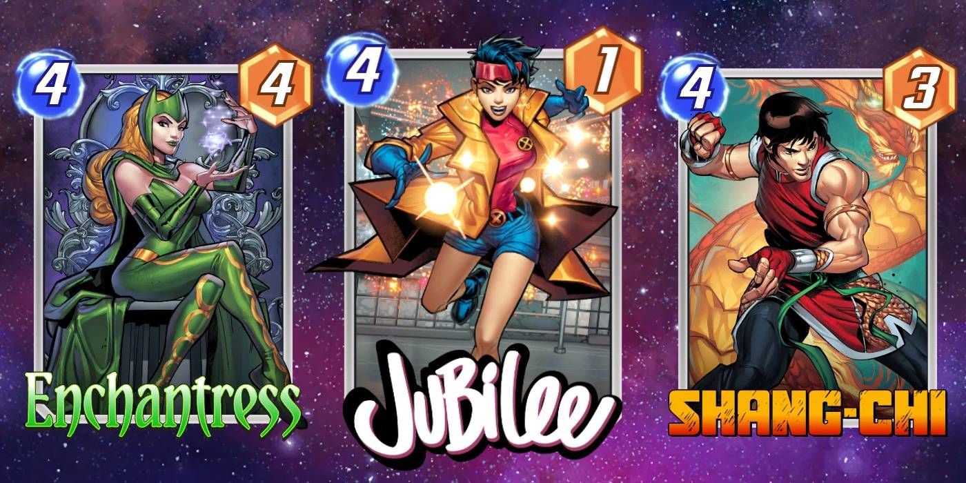 Карты Marvel Snap Jubilee, Enchantress и Shang-Chi со значениями энергии и мощности, отображаемыми на космическом фоне