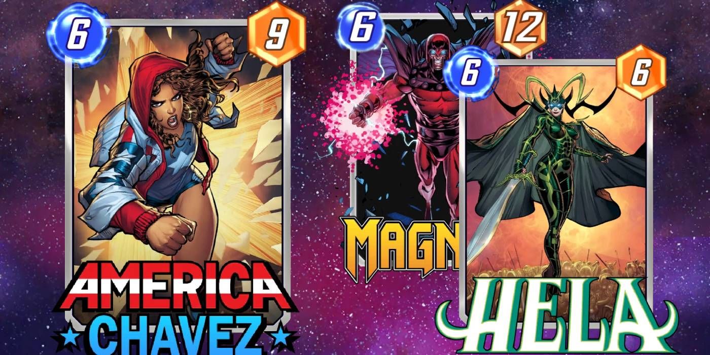 Cartões Marvel Snap America Chavez, Magneto e Hela com energia e poder exibidos no fundo do espaço