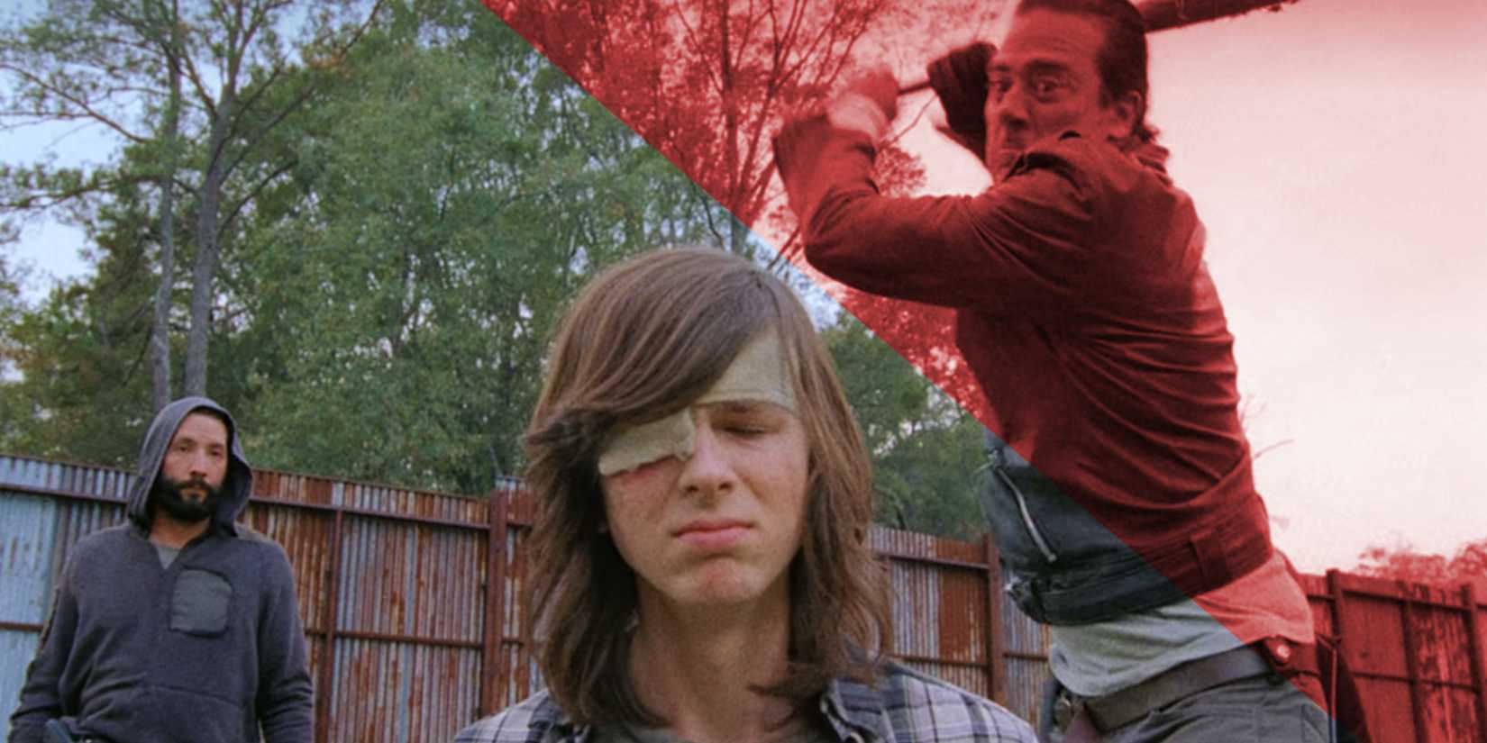 Negan (Jeffrey Dean Morgan) swinging his baseball bat at Carl (Chandler Riggs) in The Walking Dead season 7 episode 16