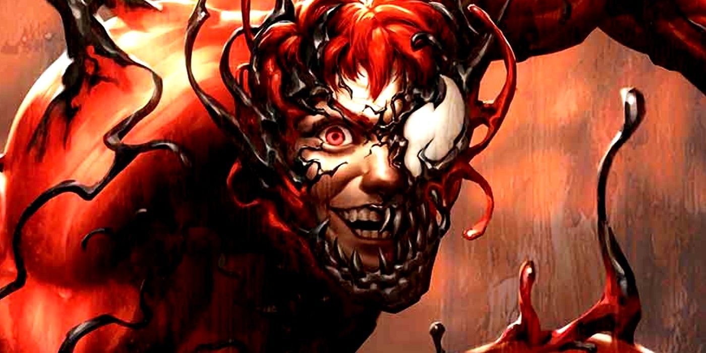 Featured Image: Cletus Kasady being consumed by the Carnage symbiote, wicked look on his face.