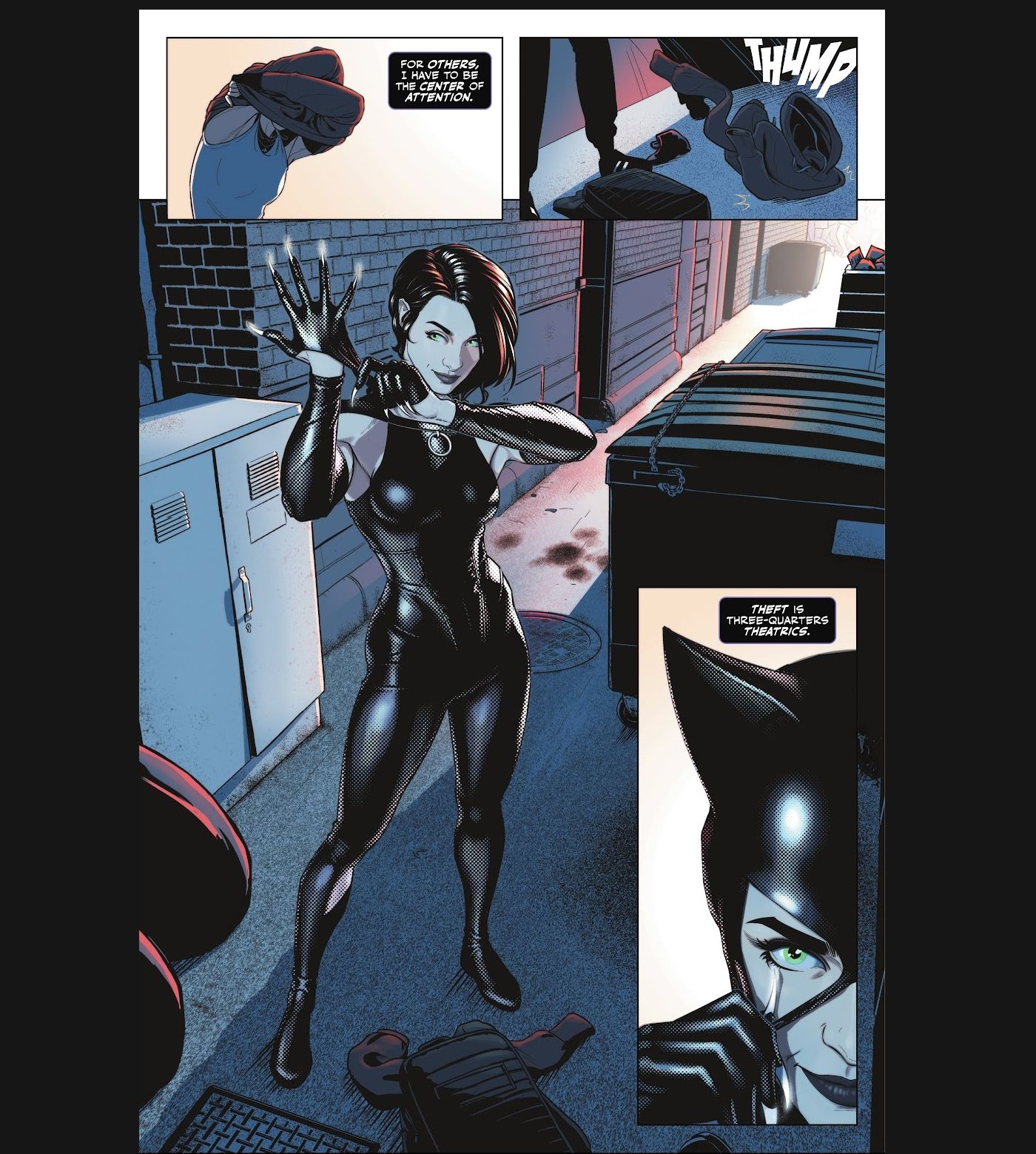 Catwoman, suiting up for a heist.