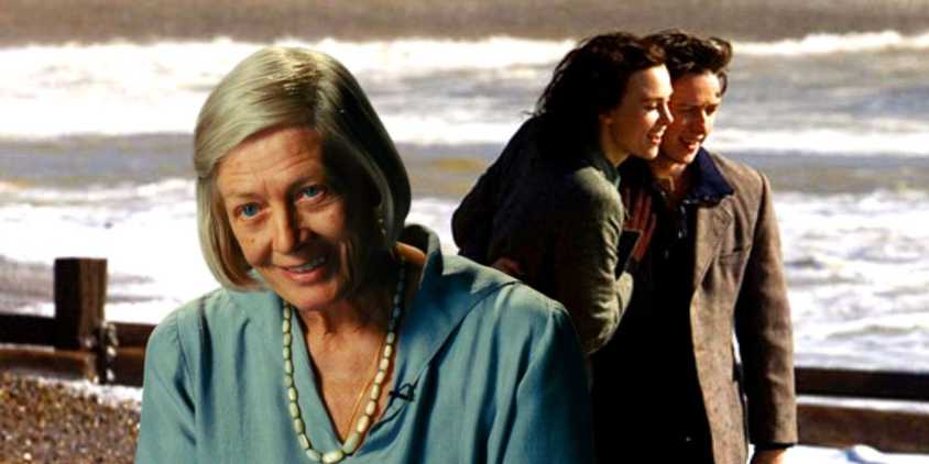 Collage of Cecilia and Robbie walking together by the sea in Atonement while an older Briony smiles