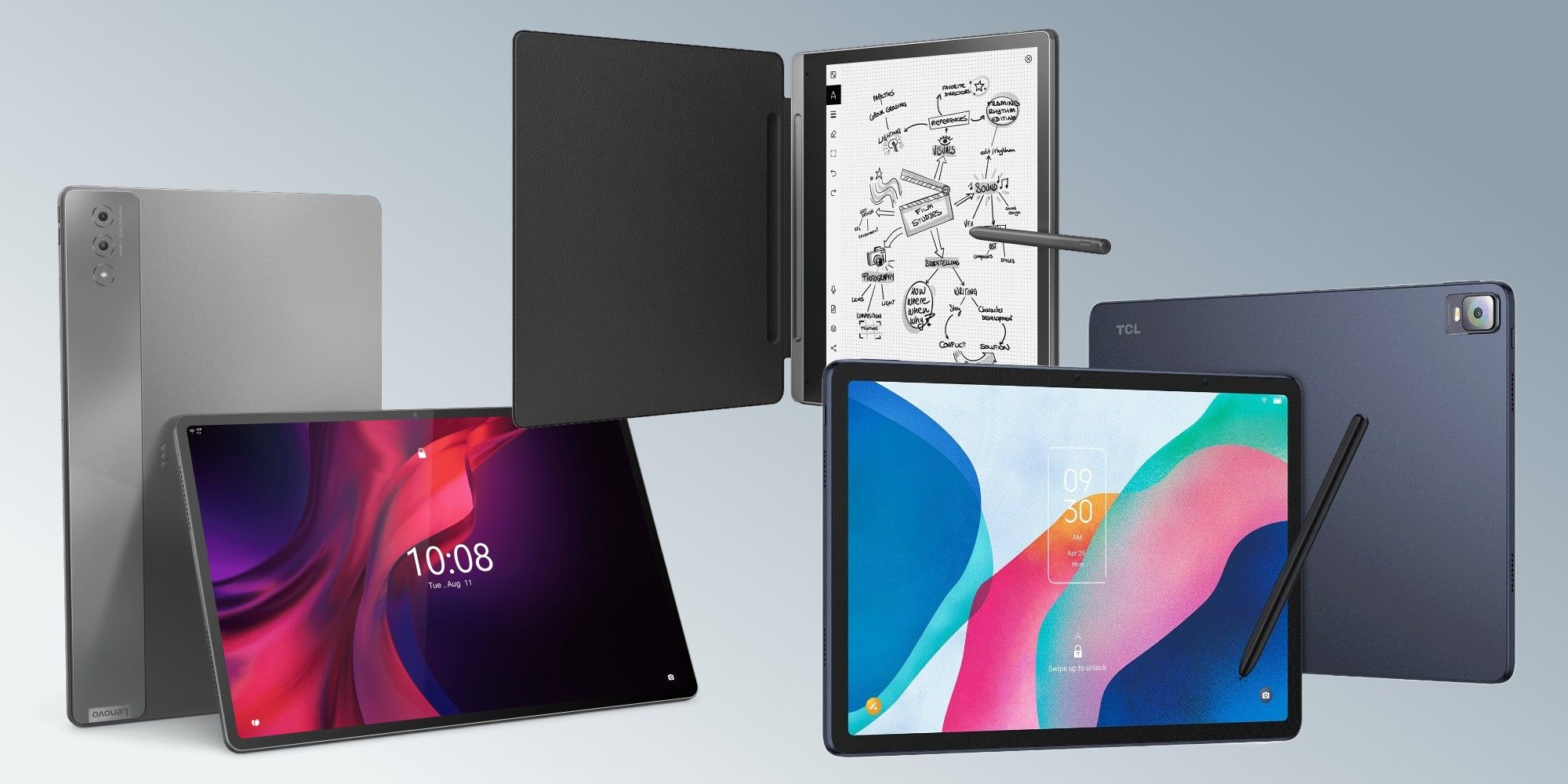 A photo showing the Lenovo Tab Extreme, Lenovo Smart Paper, and TCL NXTPAPER 12 Pro