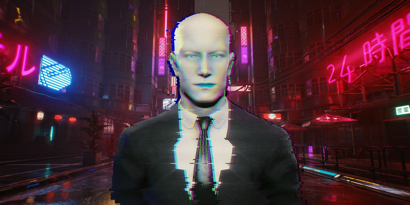 A distorted image of the Delamain AI from Cyberpunk 2077 against a shot of Night City.