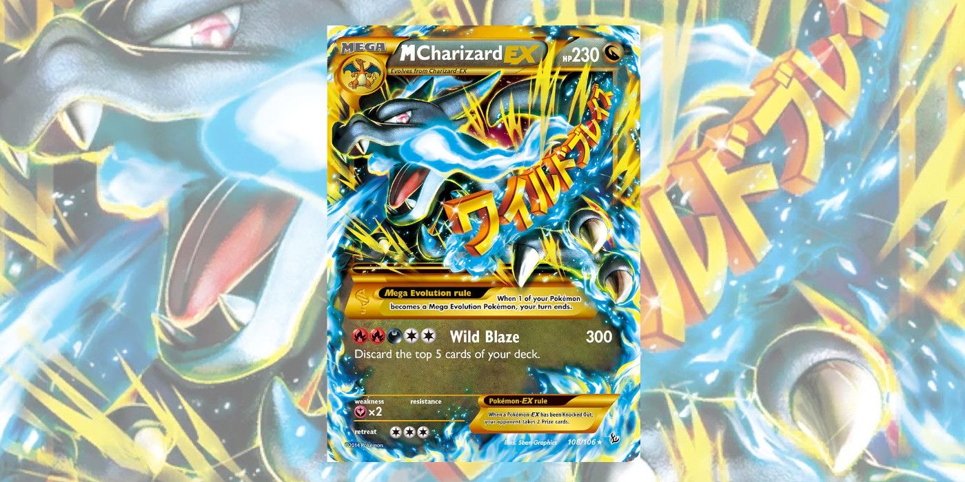 Mega Charizard X Pokémon TCG Playing Card, showing the blue and black Charizard variant breathing blue fire.