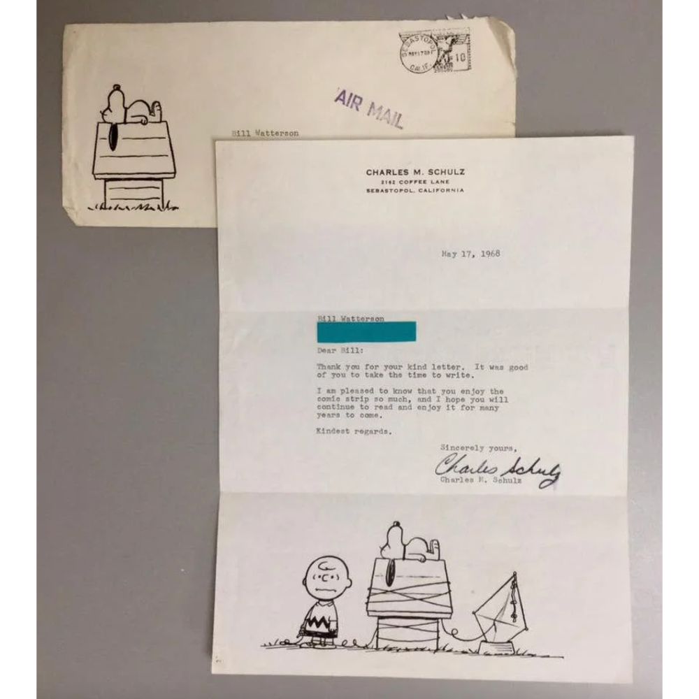 Carta de Charles Shulz para Bill Watterson de Calvin & Hobbes 