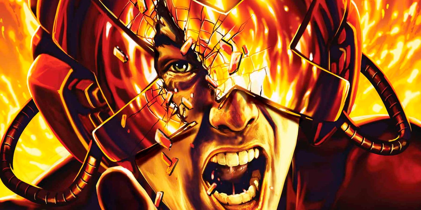 Xavier, shouting amidst flames with his Cerebro helmet shattering.