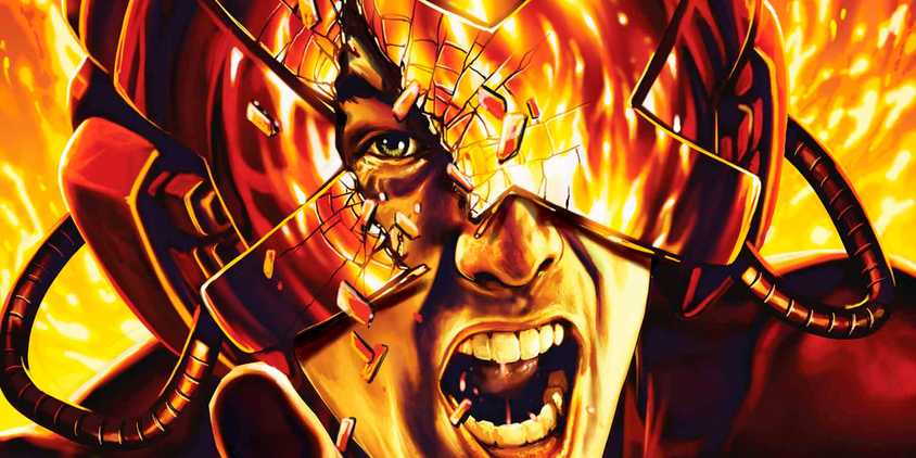 Comic book art: Charles Xavier, shouting amidst flames with his Cerebro helmet shattering.