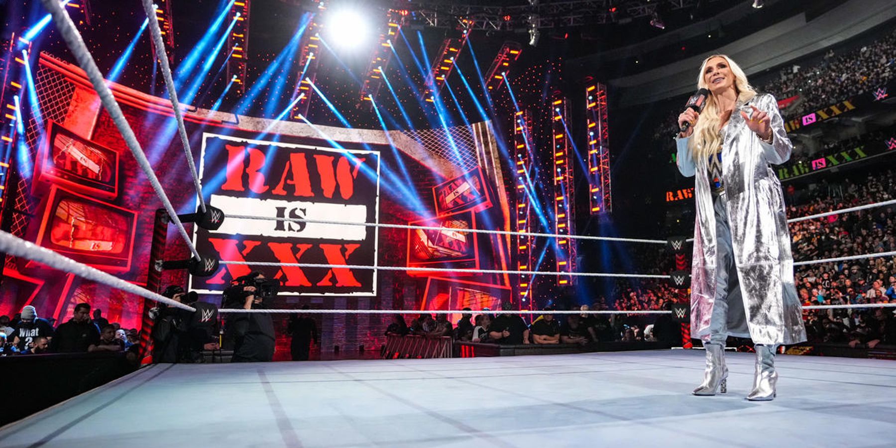 Charlotte Flair speaks to the Philadelphia audience during WWE's Raw is 30 show in 2023.