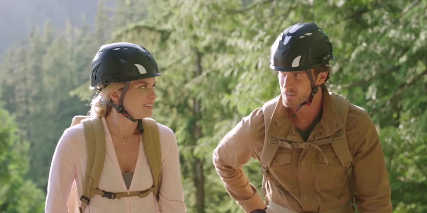 Amy and Mark wearing helmets and talking outside in Chasing Waterfalls
