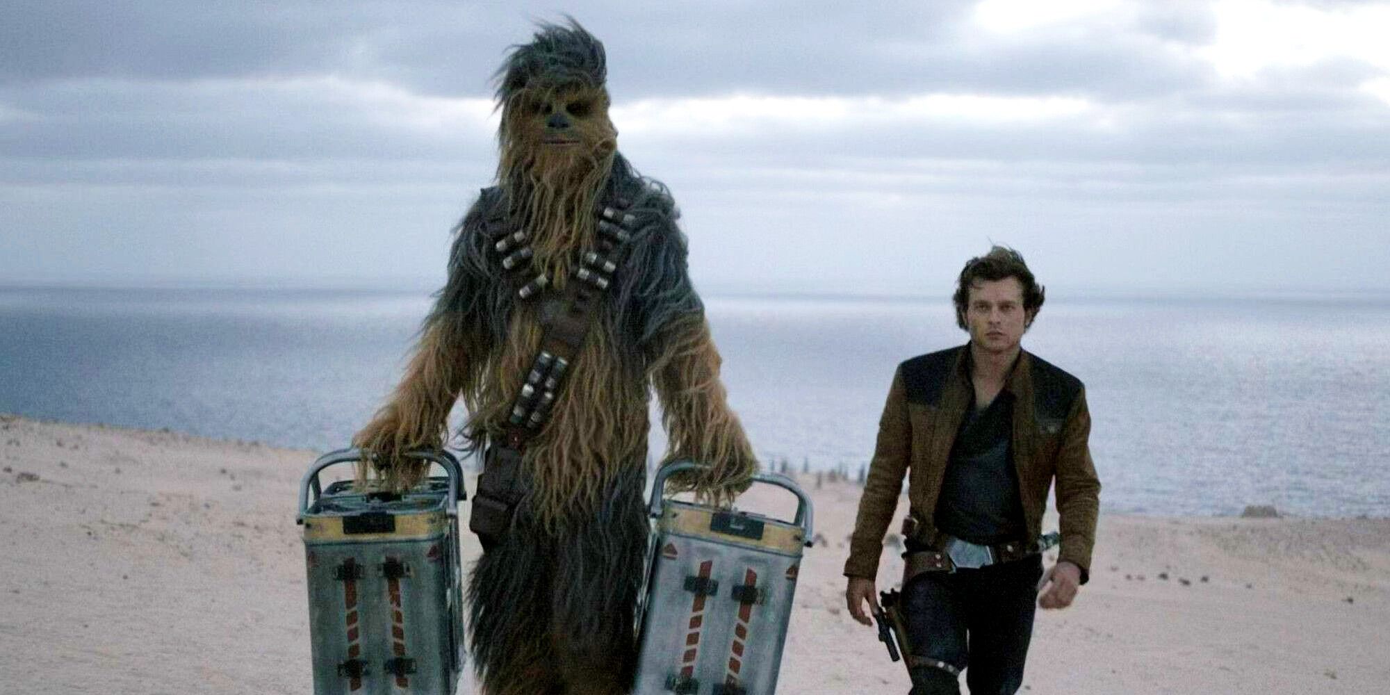 Chewbecca and Han walk on the beach in Solo A Star Wars Story