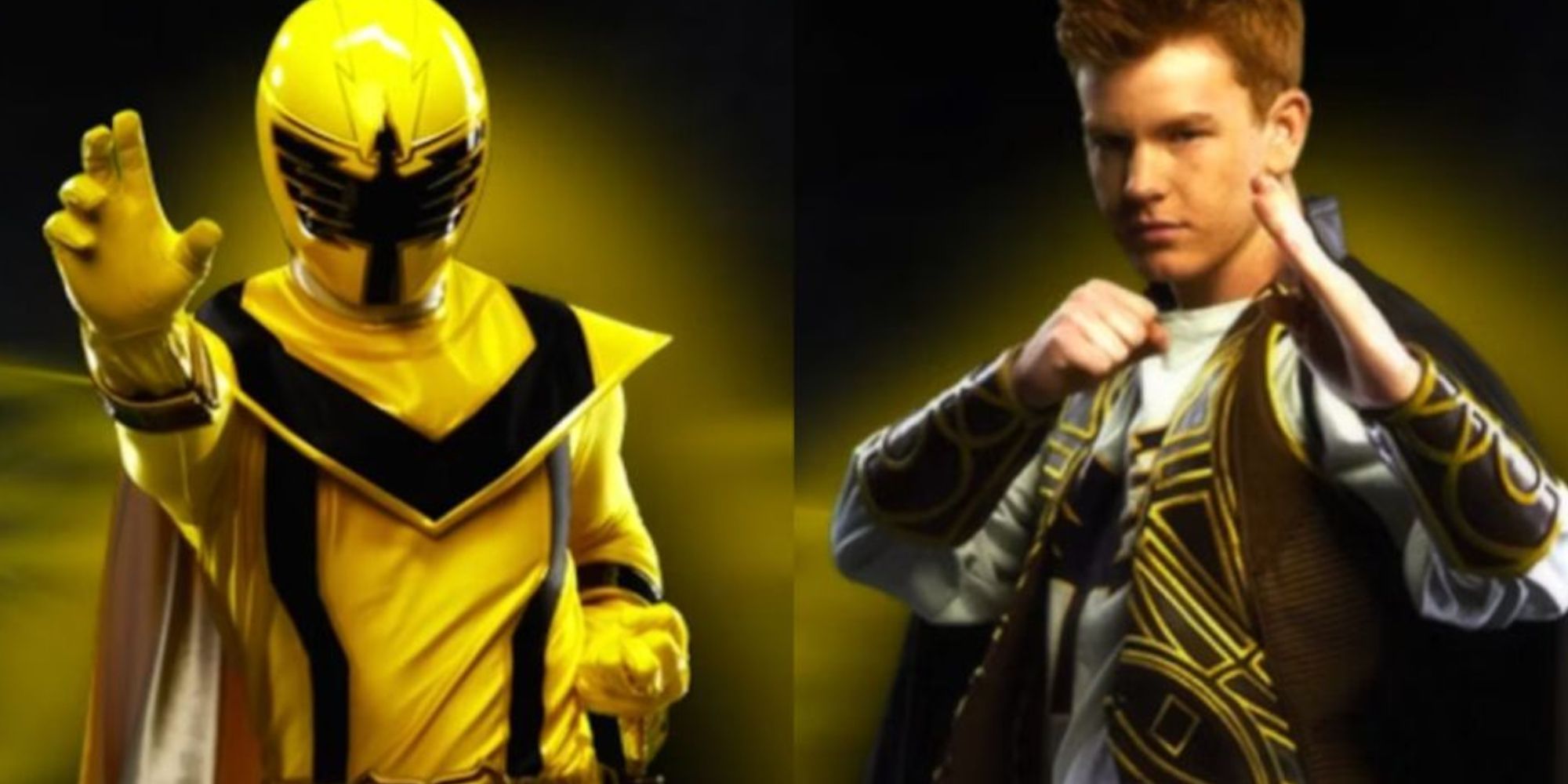 Split image of Chip as the Power Rangers Mystic Force Yellow Ranger