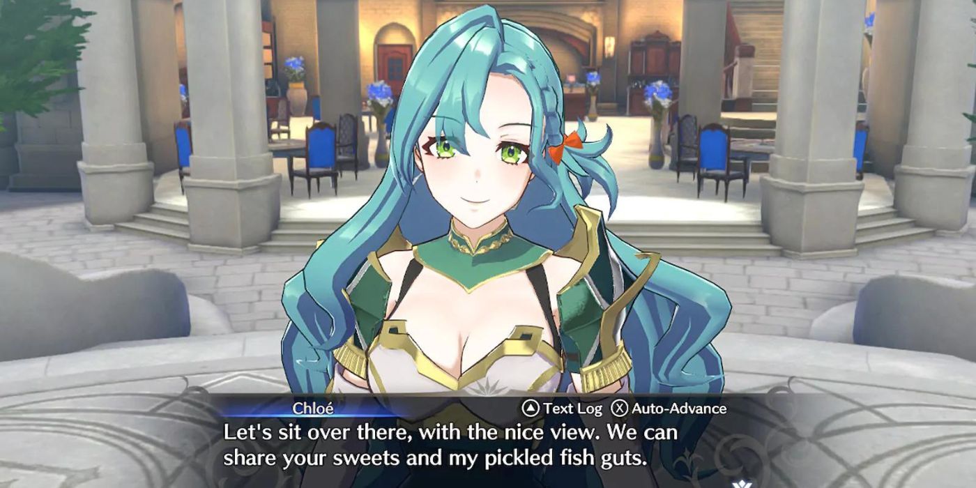 Chloe de Fire Emblem Envolva-se em uma imagem de jogo, sorrindo com um diálogo abaixo dela.