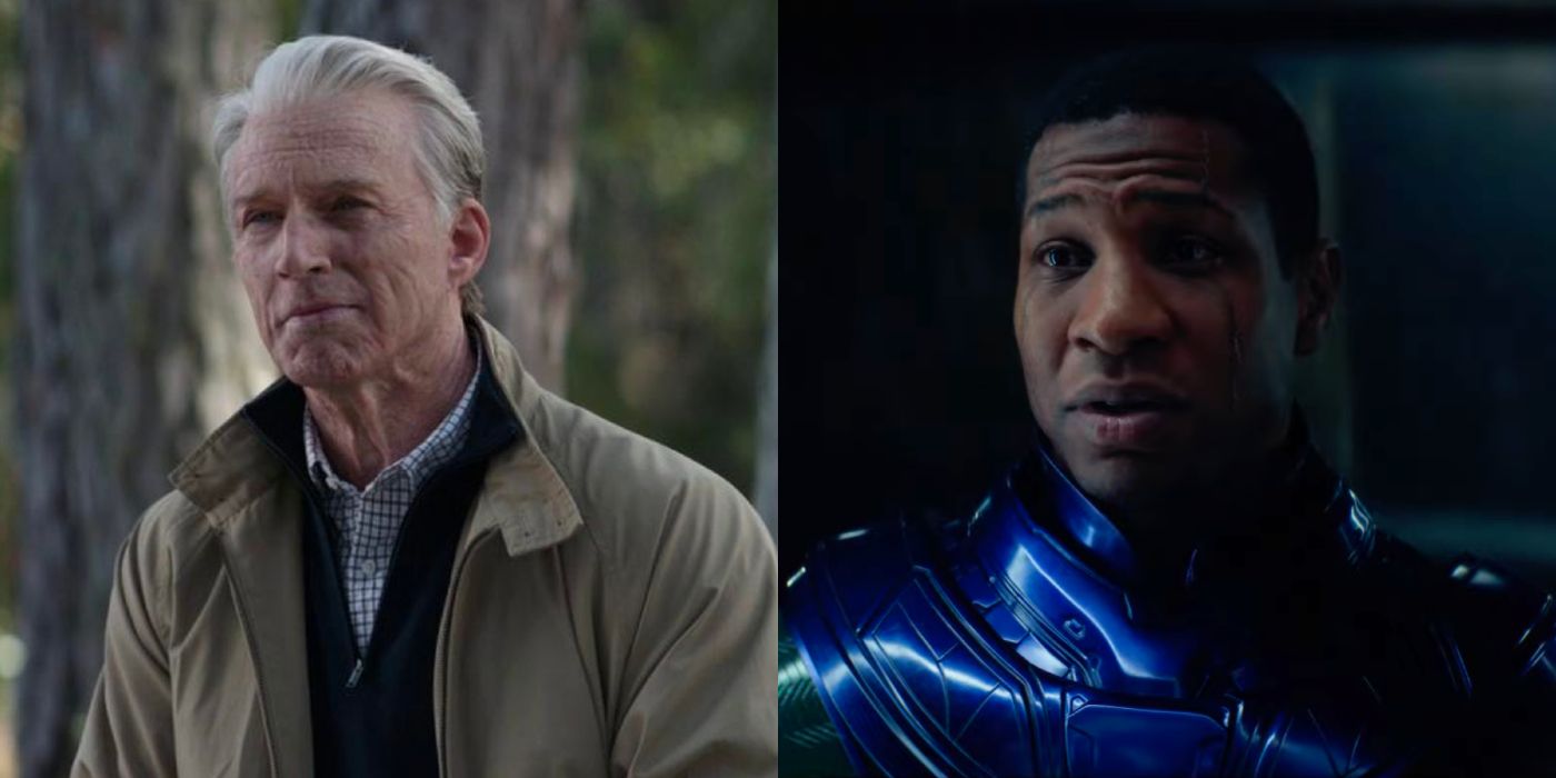 Chris Evans as old Steve Rogers in Endgame and Jonathan Majors as Kang in Ant-Man and the wasp Quantumania