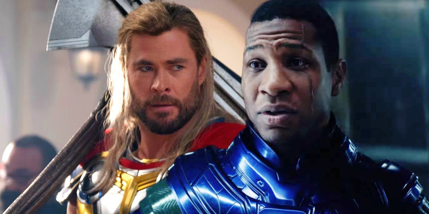 Chris Hemsworth as Thor in Love and Thunder superimposed with Jonathan Majors as Kang in Quantumania