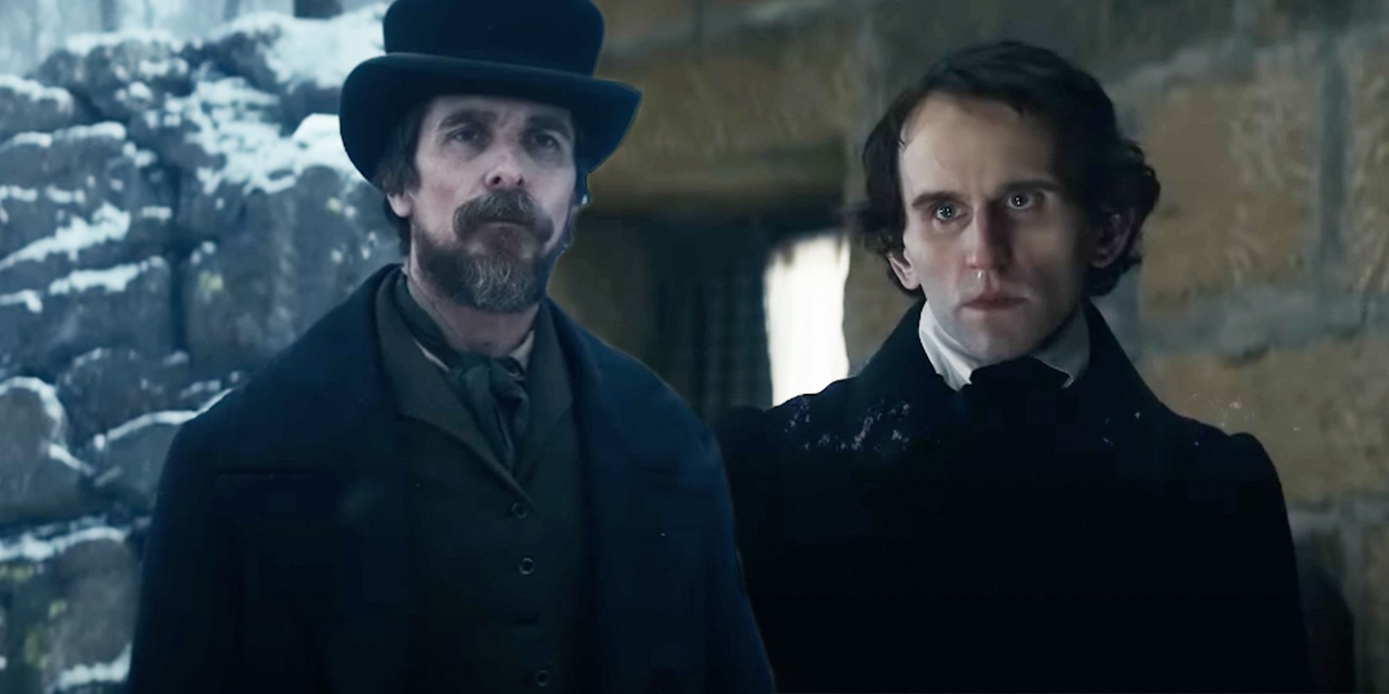 Christian Bale as Augustus Landor and Harry Melling as Edgar Allan Poe in The Pale Blue Eye