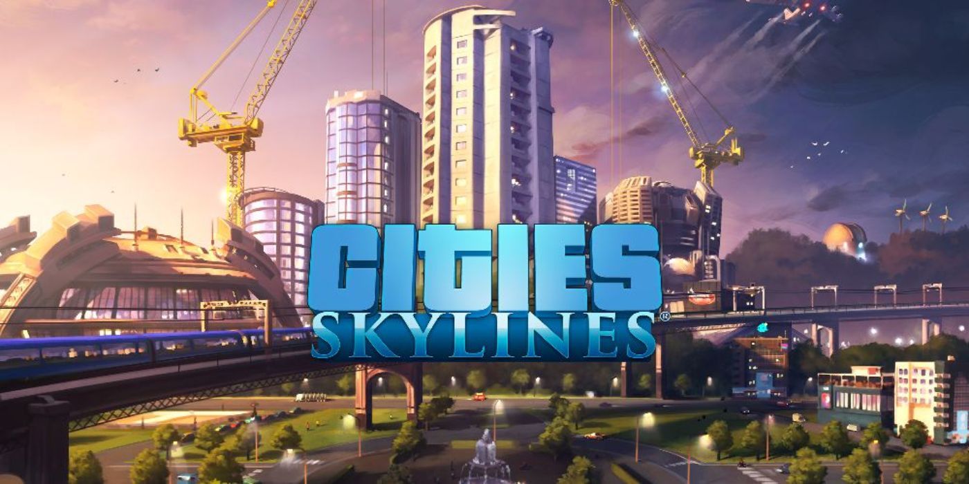 O cartão de título para Cities: Skylines é mostrado na frente de uma cidade cheia de arranha-céus e guindastes.