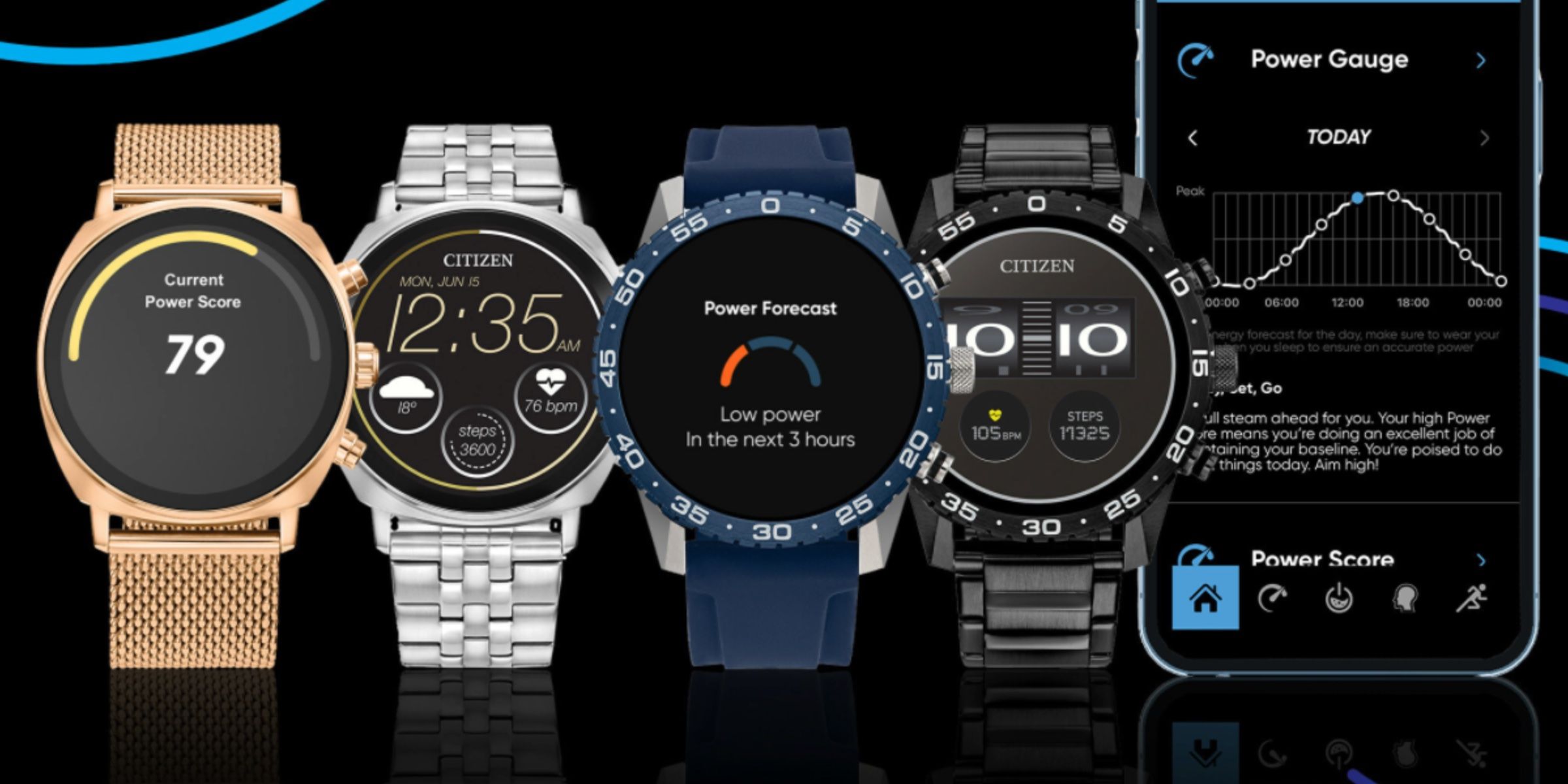 Four smartwatches in Citizen's CZ Smart lineup alongside their companion mobile app.
