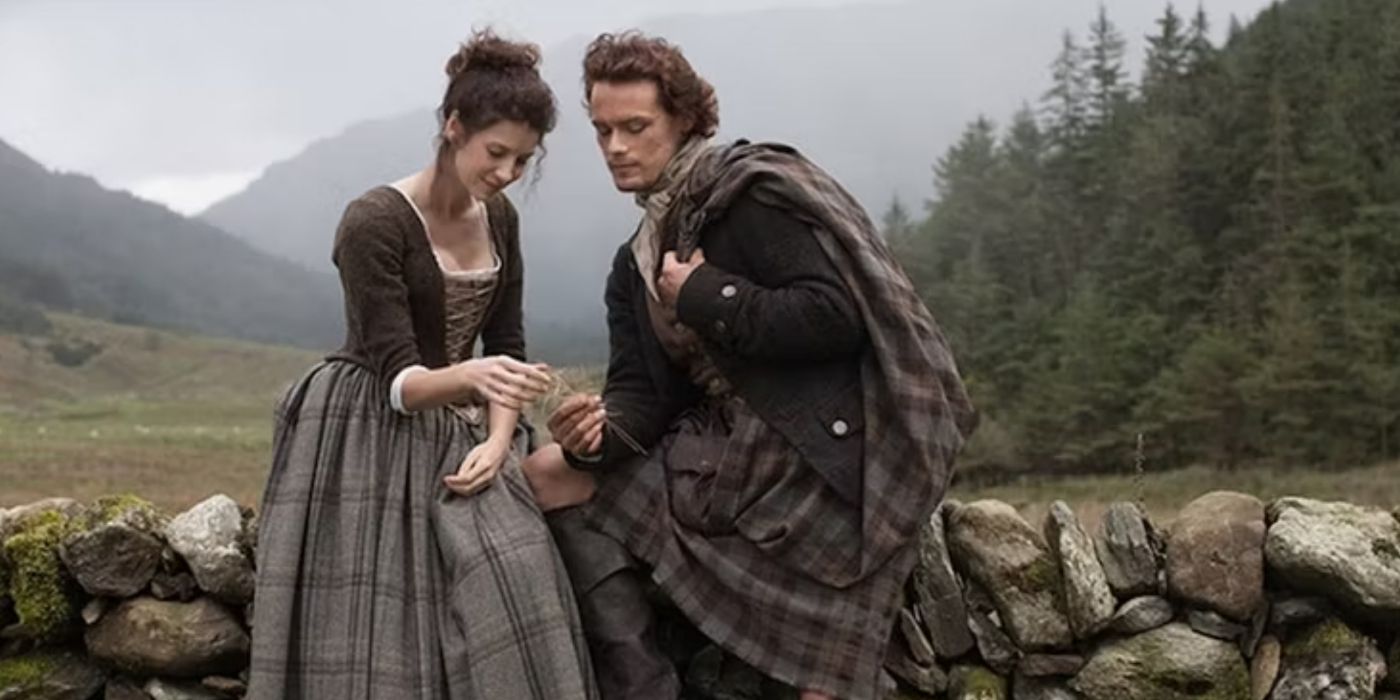Claire and Jamie talking in Outlander.
