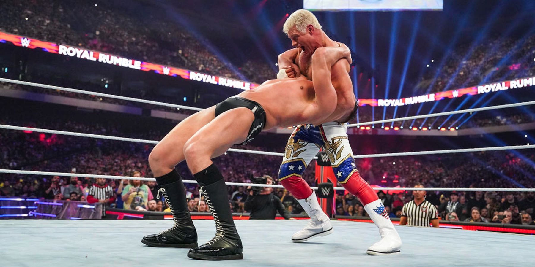 Cody Rhodes prepares to hit Gunther with his Cross Rhodes finisher during the finish of the men's Royal Rumble match in 2023.