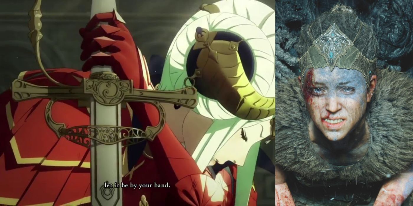 A split image of Edelgard from Fire Emblem Three Houses and Senua from Hellblade: Senua's Sacrifice.