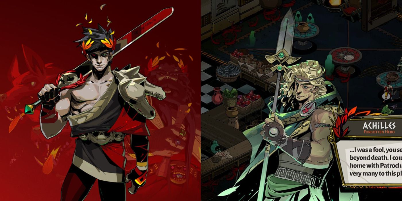 Split image showing Zagreus and Achilles in the Hades game