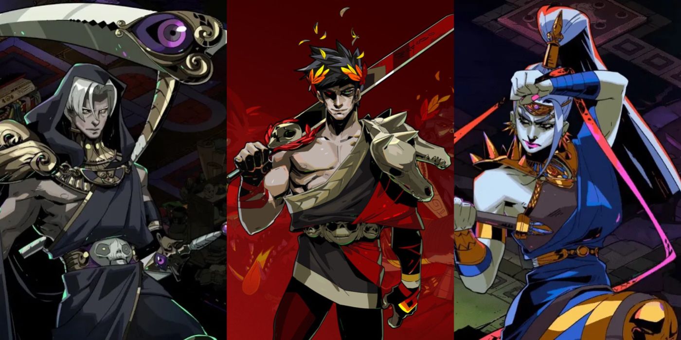 Split image showing Thanatos, Zagreus, and Meg in the Hades game