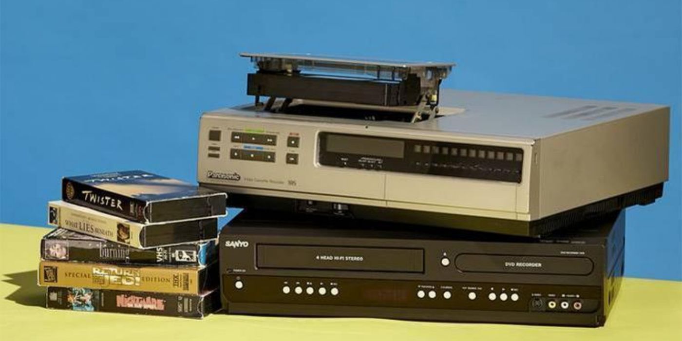 Vhs player in the 80s with tapes.