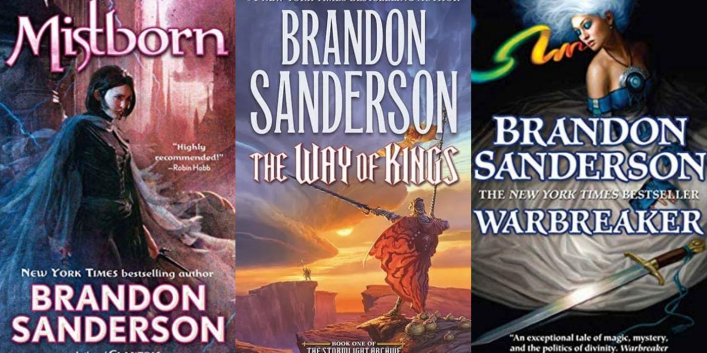 Une image divisée de livres : Mistborn : The Final Empire, Stormlight Archive : The Way of Kings et Warbreaker de Brandon Sanderson.