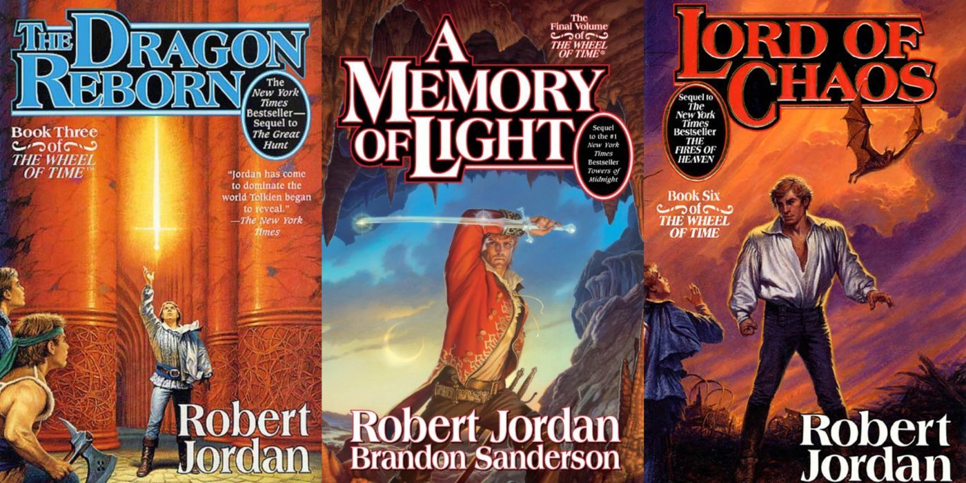 Uma imagem dividida dos romances Wheel of Time: The Dragon Reborn, A Memory of Light e Lord of Chaos de Robert Jordan e Brandon Sanderson.