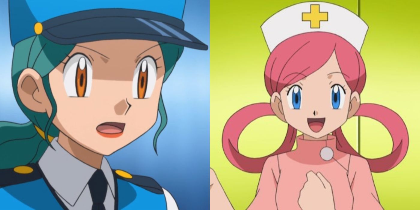 Uma imagem dividida da Oficial Jenny e da Enfermeira Joy de Pokémon.