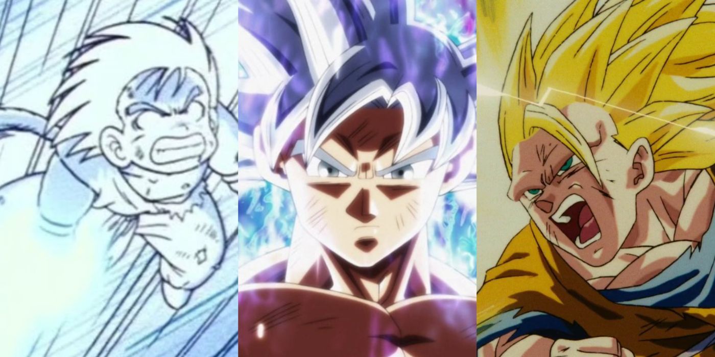 A split image of Goku in Dragon Ball, Dragon Ball Super, and Dragon Ball Z: Fusion Reborn.