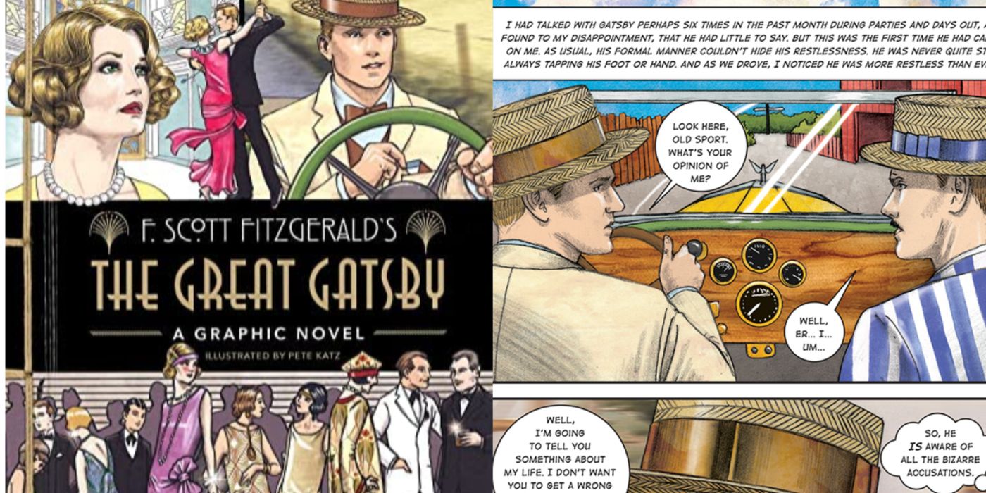 Imagem dividida Capa e painel do romance gráfico The Great Gatsby