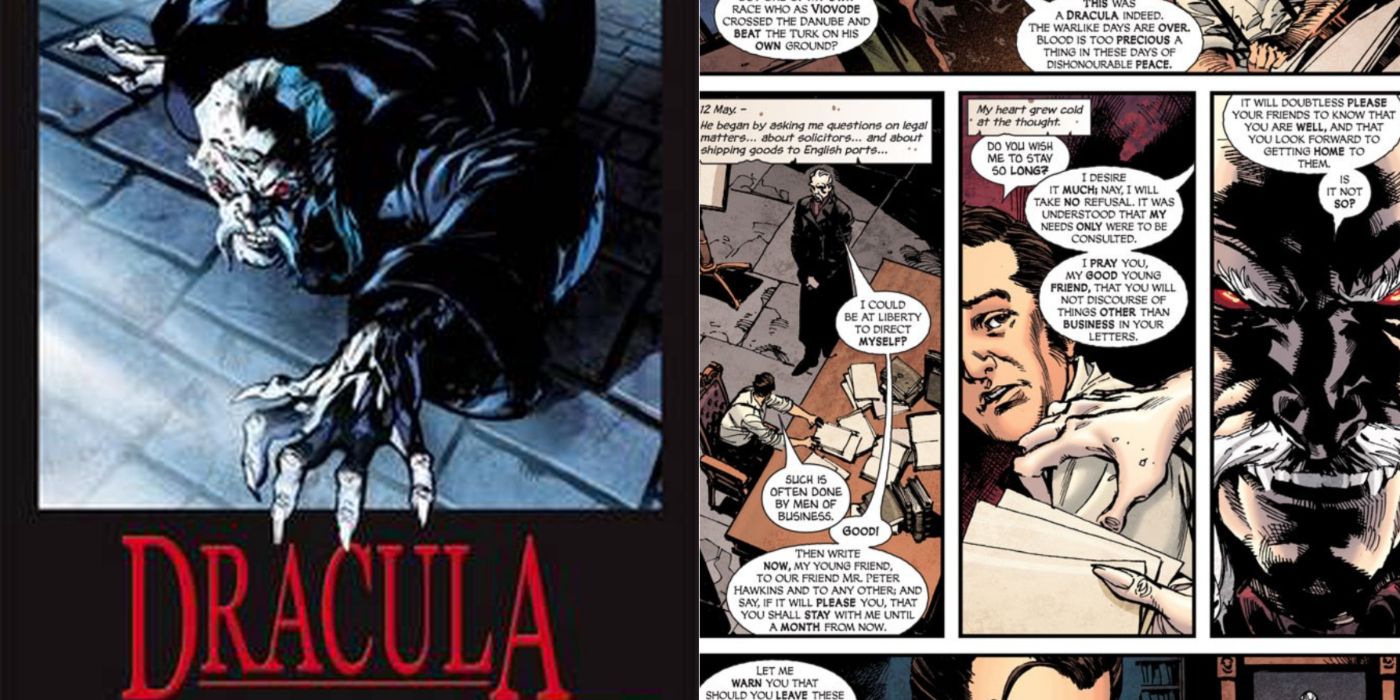 Capa e painéis da novela gráfica Drácula da imagem dividida