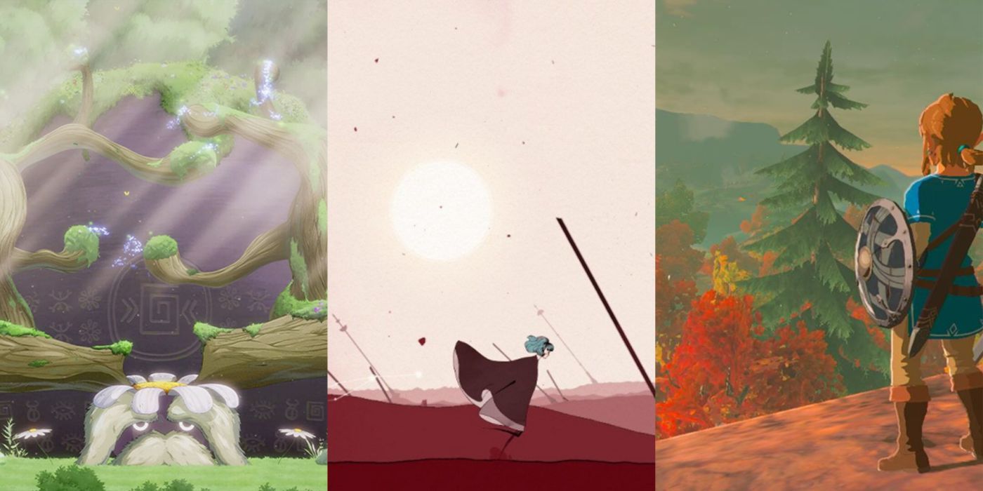 A split image of Hoa, Gris, and Breath of the Wild on the Nintendo Switch.