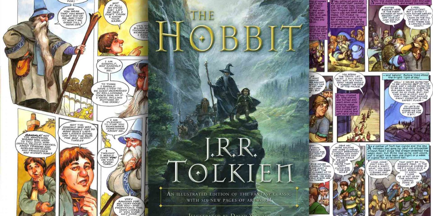 O Hobbit Graphic Novel Capa e páginas da história em quadrinhos
