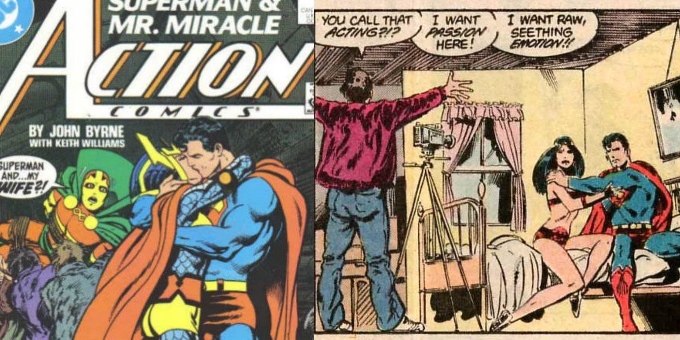 Split Image Big Barda and Superman kiss in front of Mr. Miracle, Big Barda and Superman on a bed with director yelling
