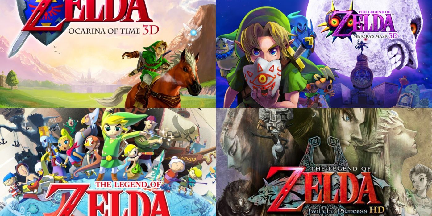 A split image of 3D Zelda Games Ocarina of Time and Majora's Mask as well as HD Zelda Games Wind Waker and Twilight Princess.