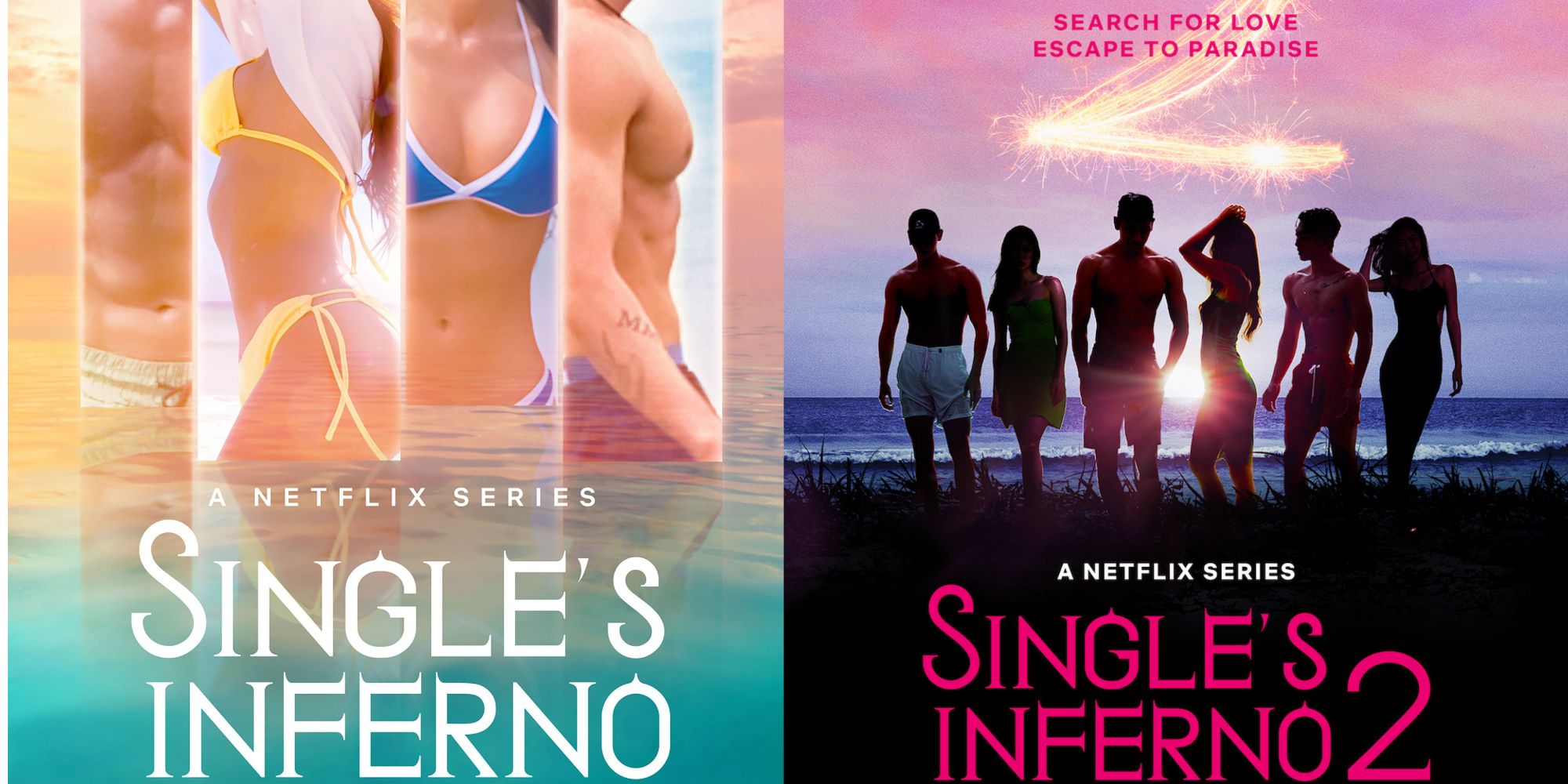 A split image of Netflix's promo images for Single's Inferno season one and two