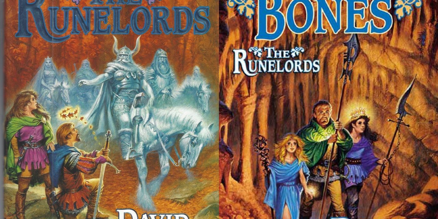 Uma imagem dividida dos romances Sum of All Men e The Lair of Bones da série Runelords de David Farland.