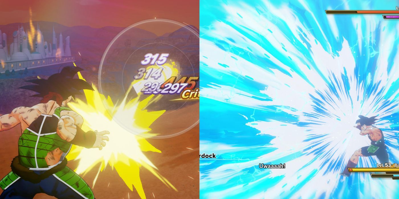 A split image of Bardock using Ultimate Consecutive energy blast and Limit Breaker Final Spirit Cannon from Dragon Ball Z: Kakarot.