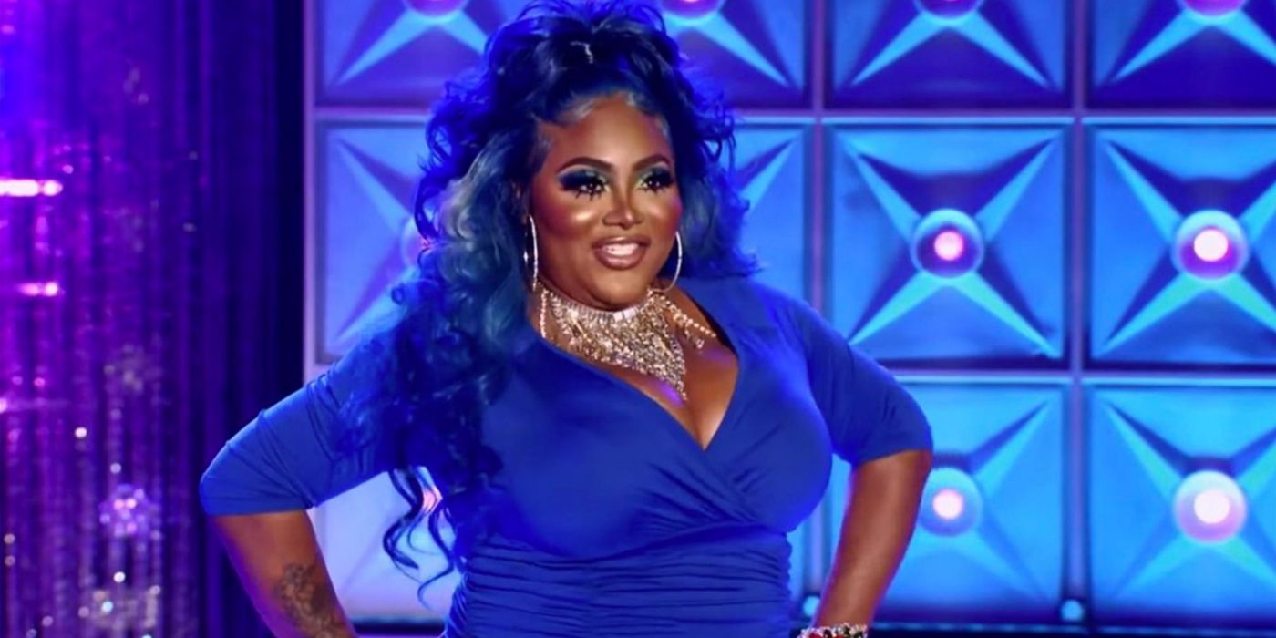 Ts Madison in blue dress on RuPaul's Drag Race stage