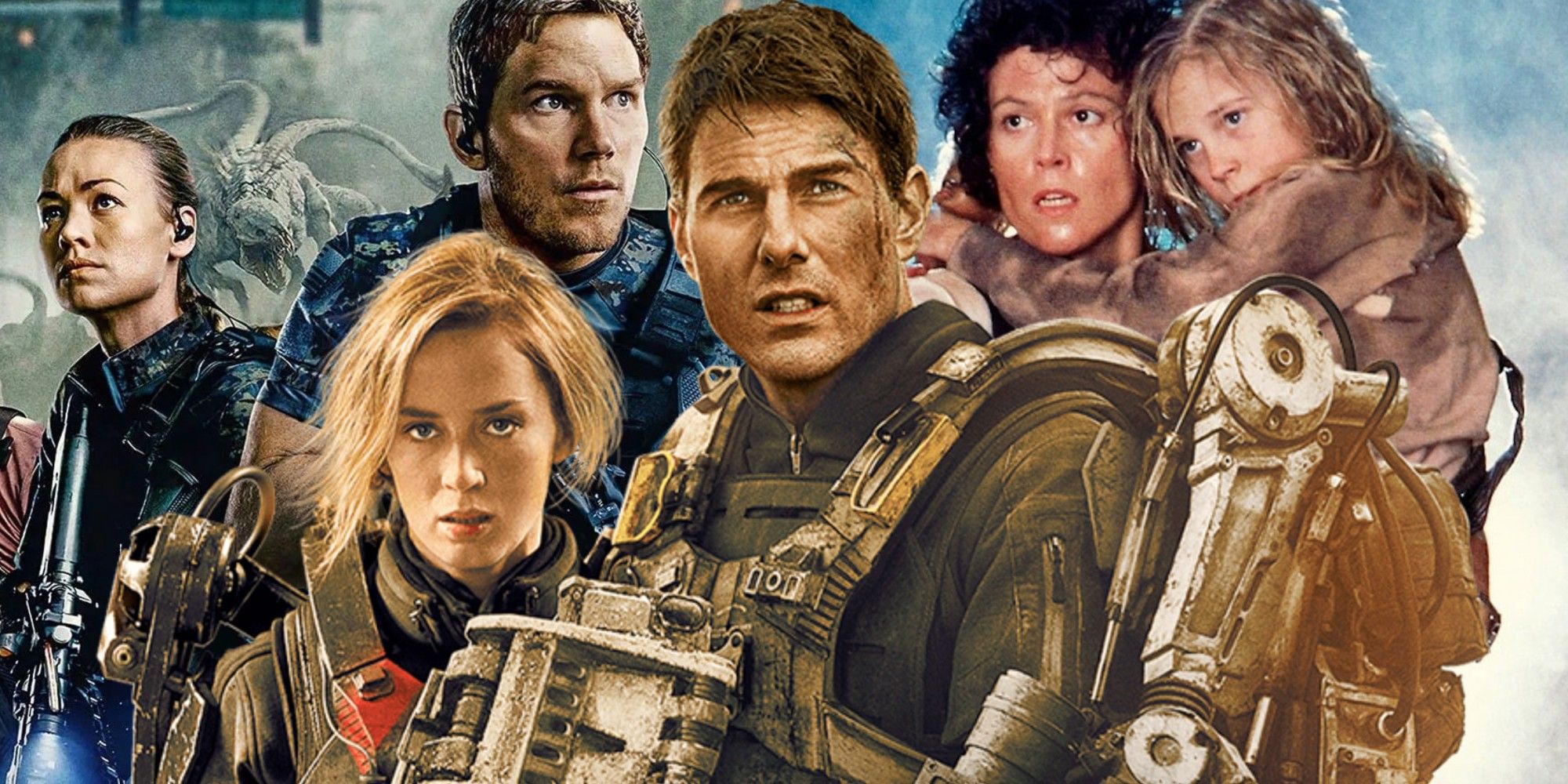 Collage of characters from The Tomorrow War, Edge of Tomorrow, and Aliens