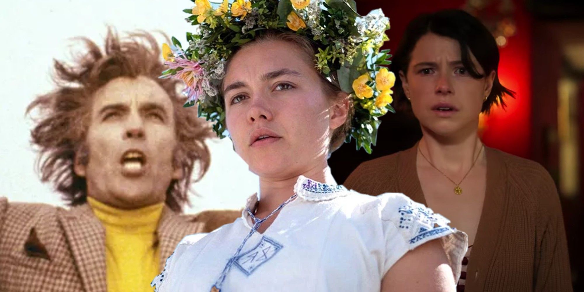 Collage of characters from The Wicker Man, Midsommar and Men