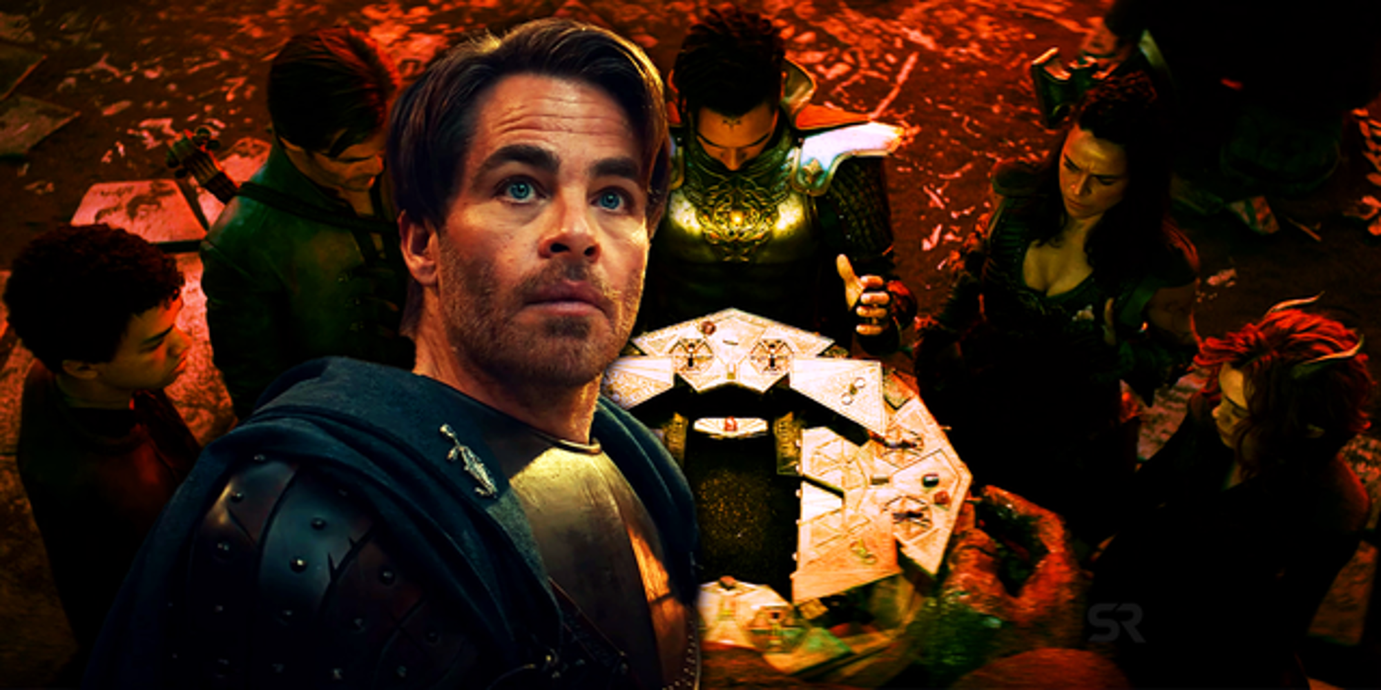 Collage of Chris Pine as the Bard with the rest of the party in Dungeons & Dragons: Honor Among Thieves