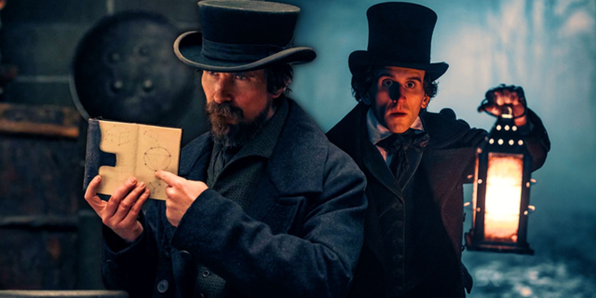 Collage of Gus-Landor (Christian Bale) and Edgar Allen Poe (Harry Melling) in The Pale Blue Eye