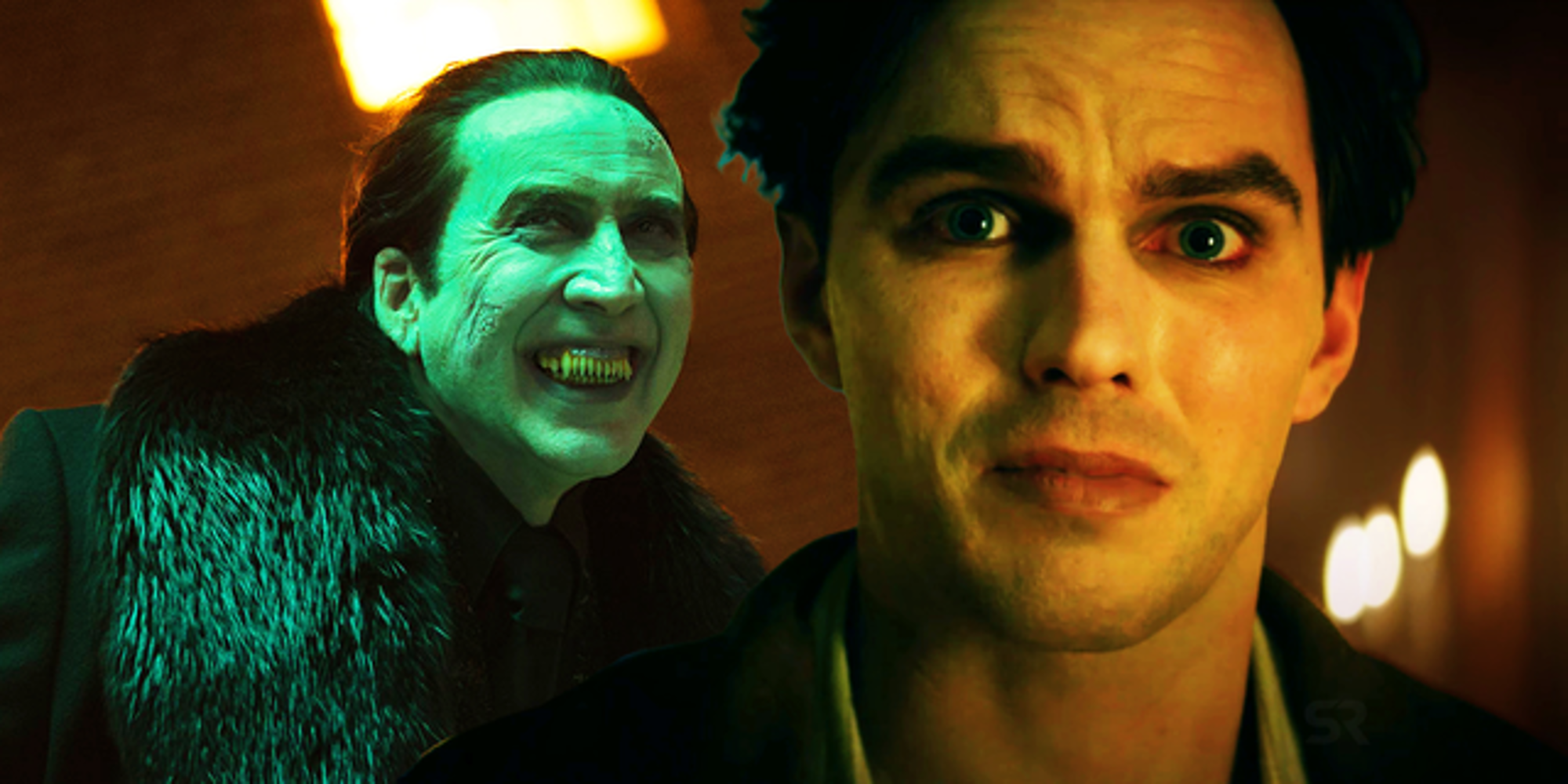Collage of Nicolas Cage as Dracula and Nicholas Hoult as Renfield in Renfield