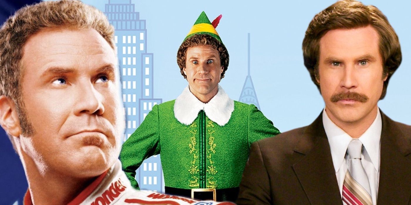 Collage of Will Ferrell in Talladega Nights, Elf, and Anchorman