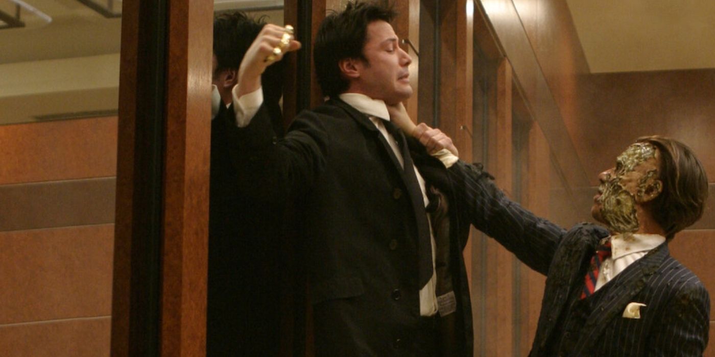 Keanu Reeves being held up against the wall in Constantine.